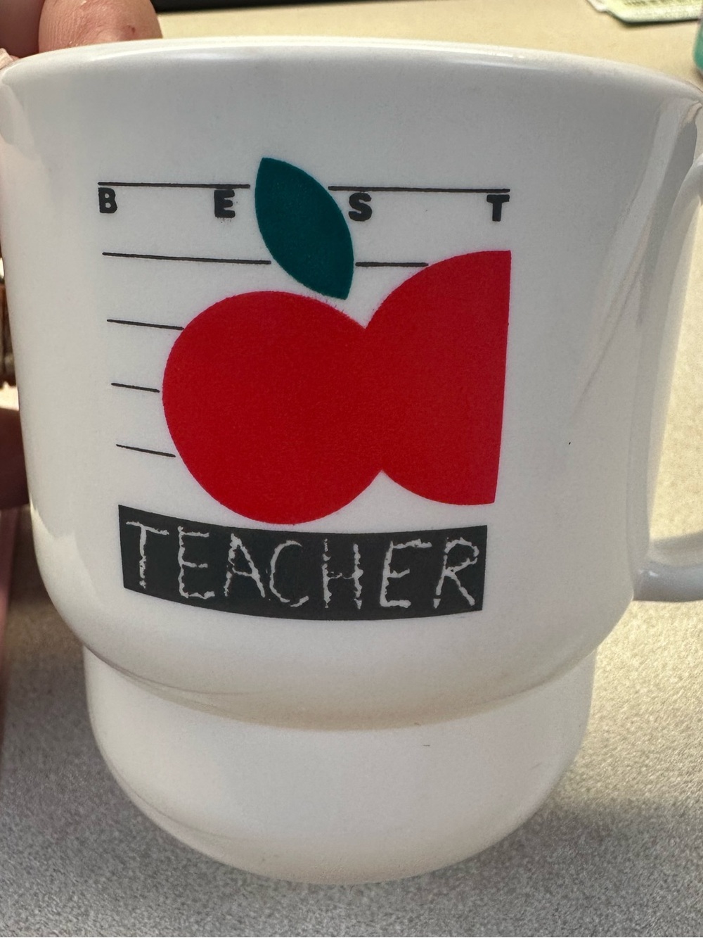 Vintage Tupperware White Mug with Red Apple and Green Leaf Teacher Design